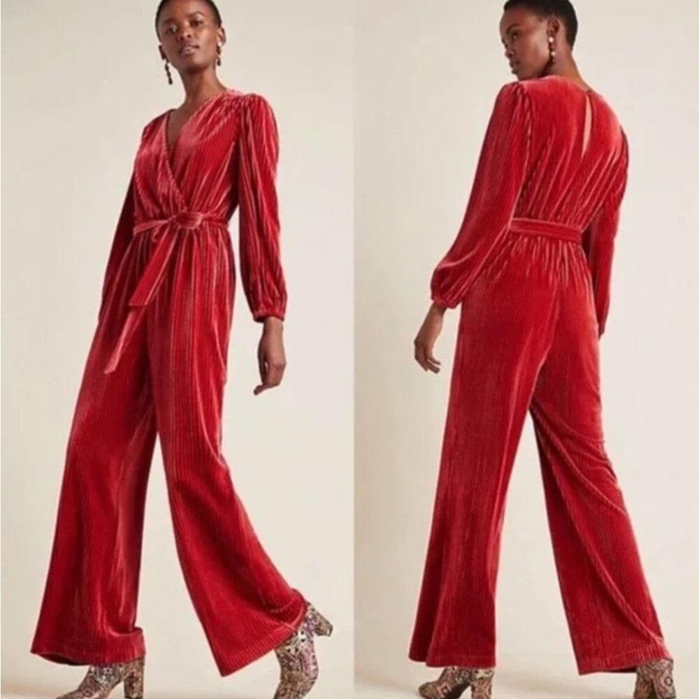 NWT Ali & Jay Samantha Velvet Jumpsuit Anthropologie Red/Brick Ribbed SZ Medium